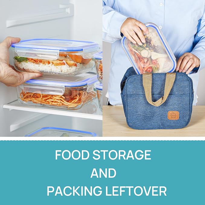 Vtopmart 5Pack 22oz Glass Storage Containers with Lids, Glass Meal Prep Food Container Sets with Snap Airtight Lid for Microwave, Oven, Freezer and Dishwasher, Blue