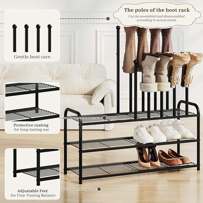 Kitsanery Shoe Rack, 100% Metal Boot Rack Organizer for Entryway, Closet & Garage, Free Standing Shoe Shelf for Storage Tall Boots, Sneakers, Cowboy Boots, Black (Large - 8 Pairs)