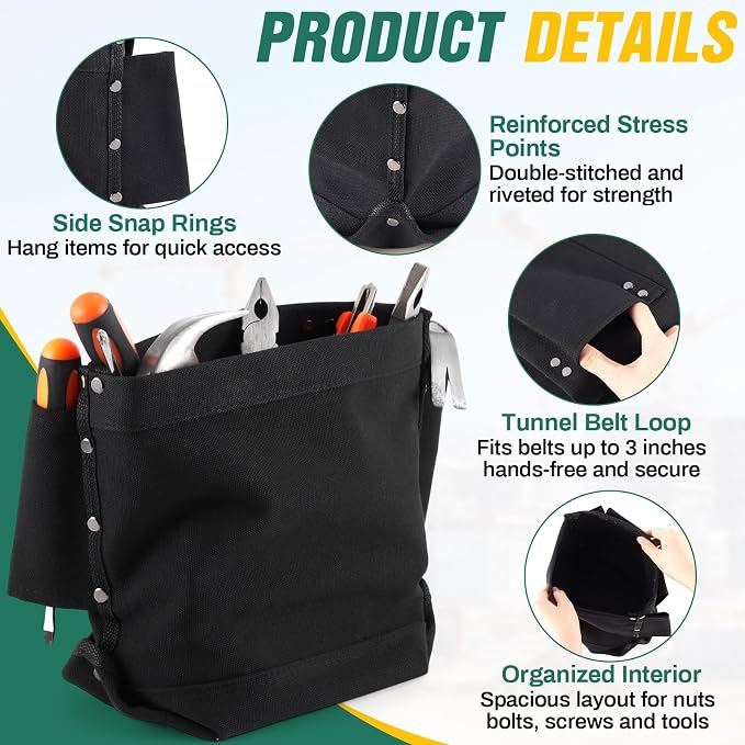 2 Pcs Tool Pouches 5" x 10" x 9", Small Tool Bags Tunnel Connection Utility Pouches for Nuts & Bolts, Double Reinforced Bottom with Belt Strap Connect & Bull Pin Loops for Outdoor Work