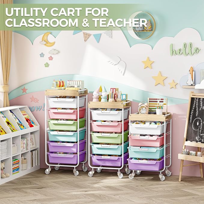 SYKIARIOL Utility Cart with 5 Labeling Drawers and Wooden Tabletop – Rolling Storage Cart for Crafters, Artists, Kids, Teachers, and Students – Organize Arts, Crafts, Sewing & Study Supplies