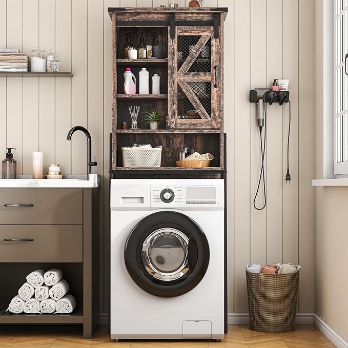 kepptory Over The Toilet Storage Cabinet with Sliding Barn Door, Over Toilet Bathroom Organizer with Adjustable Shelves and Metal Frame, Farmhouse Space Saver The Toilet Rack (Brown)