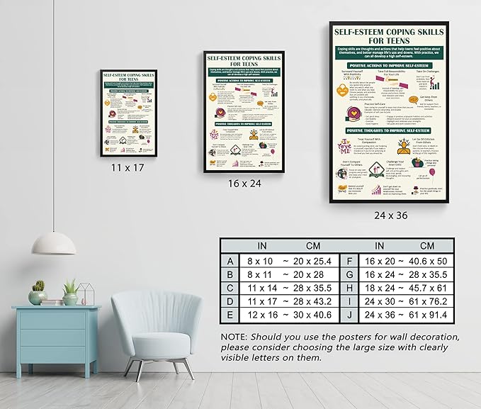 LOLUIS Mental Health Poster, Therapy Educational Supplies Art Print Classroom School Office Decor (Self-Esteem Coping Skills for Teens, Custom Frame Type)