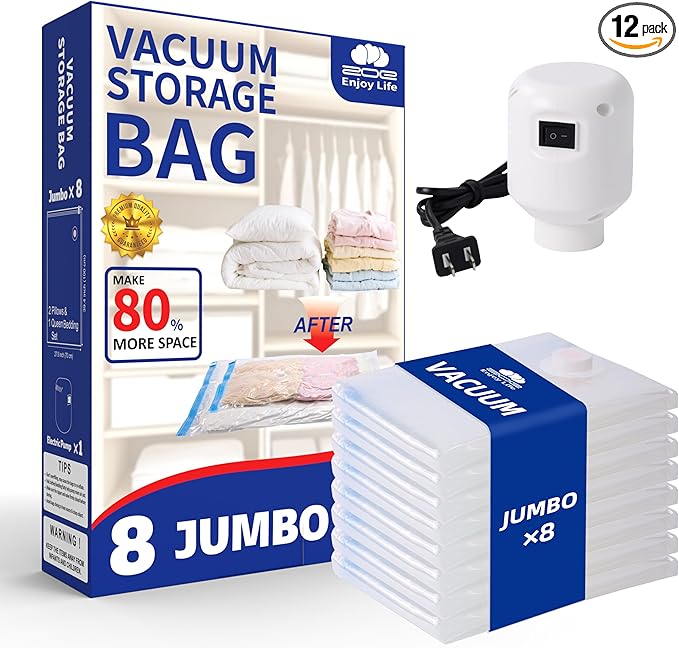 Vacuum Storage Bags with Electric Pump, 8 Jumbo Pack Space Saver Bags, Heavy Duty Reusable PA+PE Vacuum Sealer Bags for Comforters, Bedding, Blankets, Clothes, Home Organization & Travel