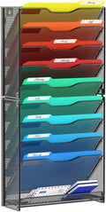 samstar 10 Tier Wall File Organizer, Hanging Wall Mount File Holder Paper Folder Mail Organizer, Mesh Metal, Black.