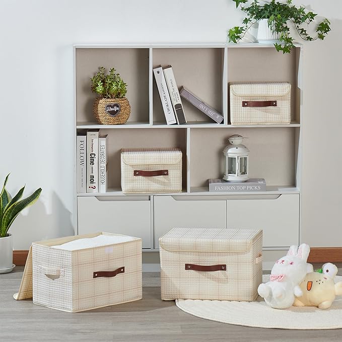 Storage Boxes with Lid 3D Textured Fabric Storage Bins Organizer Containers Decorative Collapsible Washable Shelf Baskets Faux Leather Handles for Home Bedroom Closet (Beige, Small Size)
