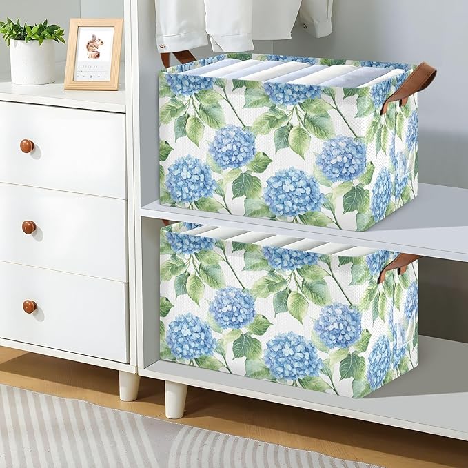 Watercolor Blue Hydrangea Flowers Storage Bins for Shelves with Labels&Handles Fabric Organizer Bin Foldable Rectangle Storage Basket Boxes for Closet, Bathroom, Home, Living Room, 2 Pack