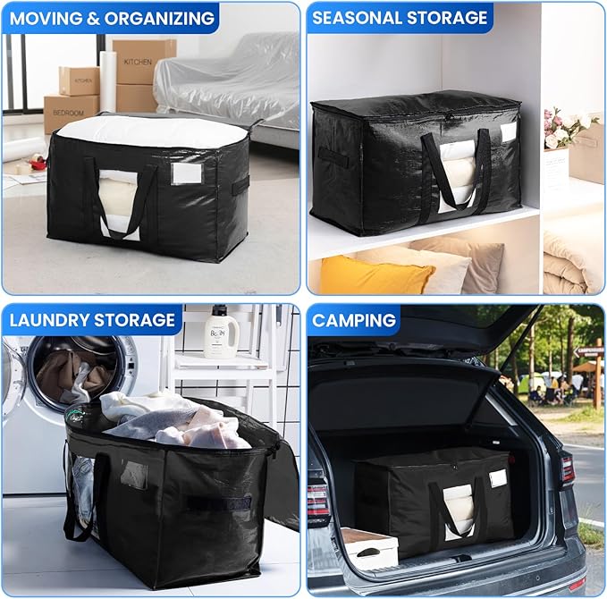 TAILI Extra Large Moving Bags, 4 Pack Black Heavy Duty Totes For Storage with Visible Window, Wrap Around Handles, Storage Bags for Space Saving, Alternative to Moving Boxes