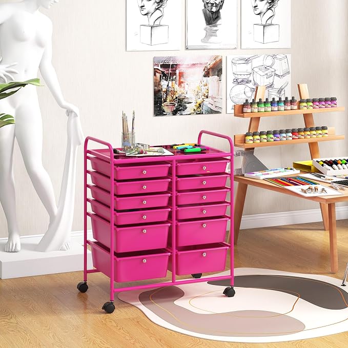 DREAMADE Rolling Cart with Storage Drawers, Utility Cart with Removable Plastic Drawers, Lockable Wheels, Art Cart for Classroom Organization Art Supplies Office Scrapbook (12 Drawers, Hot Pink)