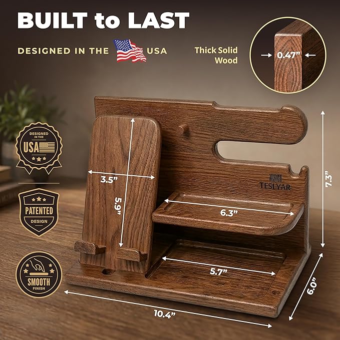 TESLYAR Wood Phone Docking Station for Men - Desk or Nightstand Organizer - Birthday Gifts for Husband or Dad - Anniversary Idea from Wife - Key Holder, Stand Wallet, Watch & Essentials (Earth Beige)