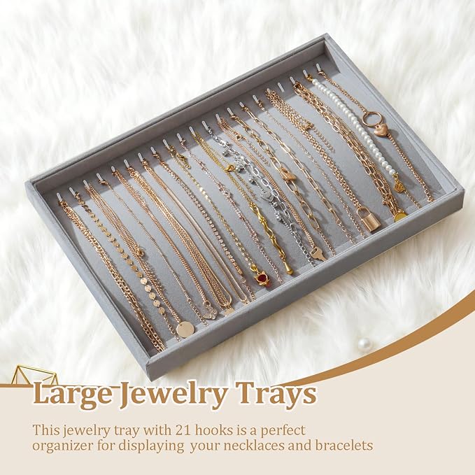 Large Jewelry Organizer for Drawer Insert Velvet Stackable Jewelry Trays for Earring Necklace Bracelet Ring Display (Gray, 20 Hooks)