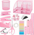 Pink Office Supplies, 17Pcs Pink Desk Accessories Set Include Stapler, Mesh Desk Organizer, Tape Dispenser, Staple Remover, Pen Holder, Clips, Pens, Ruler, for Office Home School Women Students Gift