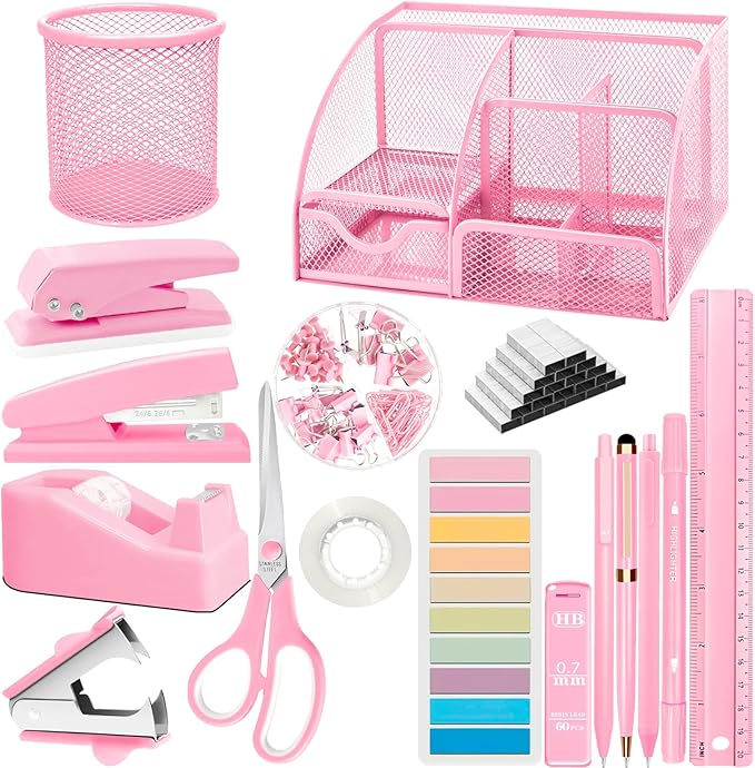 Pink Office Supplies, 17Pcs Pink Desk Accessories Set Include Stapler, Mesh Desk Organizer, Tape Dispenser, Staple Remover, Pen Holder, Clips, Pens, Ruler, for Office Home School Women Students Gift