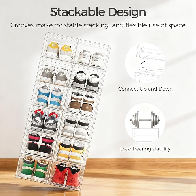 Pinkpum Upgraded Hard Shoe Storage Box 6 Pack X-Large Fit Size 12, Thicken & Sturdy Clear Plastic Stackable Shoe Organizer Box Closet, Sneaker Storage Display Case Holder Bins with Magnetic Door White
