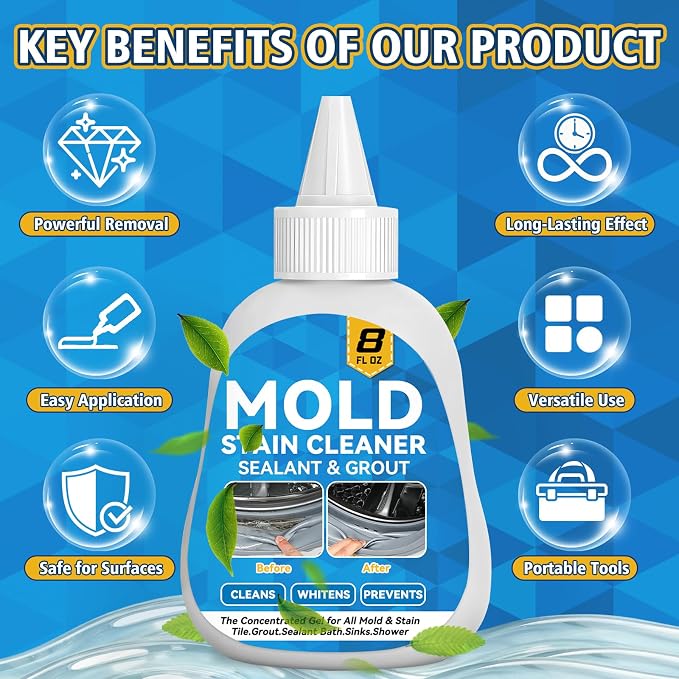 HouseMold Stain Cleaner Gel, 8 Fl Oz Washing Machine Cleaner with Brush, Mold Cleaner Gel for Front Loader Washing Machine Seal, Bathroom Grout, Kitchen Sink, Shower, Refrigerator Strip