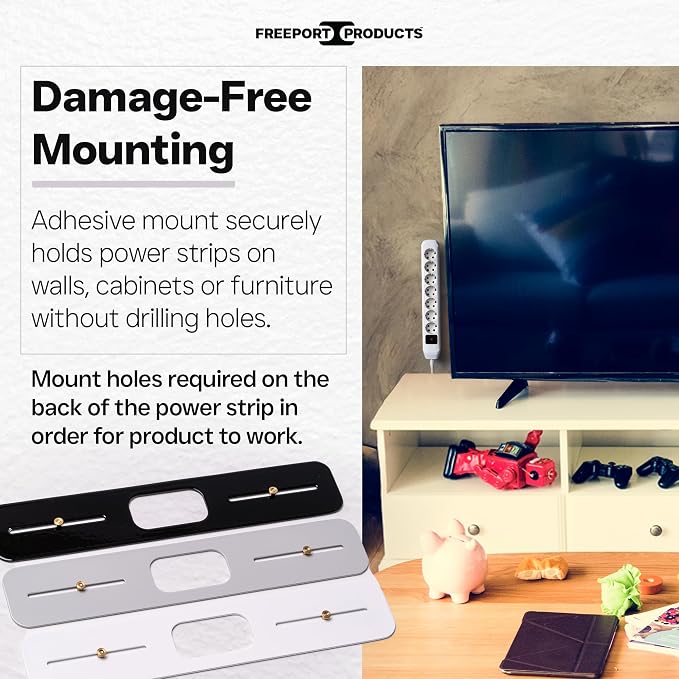 Freeport Power Bar Mount Plate – Self-Adhesive Wall Mount for Power Strips, Perfect for RV, Dorm, Home, and Rentals - Gray