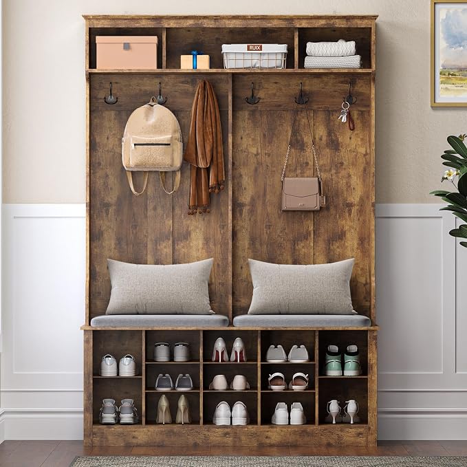 Wodeer Hall Tree with Bench and Shoe Storage, 53" Farmhouse 4-in-1 Mudroom Storage Organizer with Coat Rack, 6 Hooks, 12 Shoe Cubbies, Adjustable Shelf, for Entryway, Hallway, Living Room, Brown