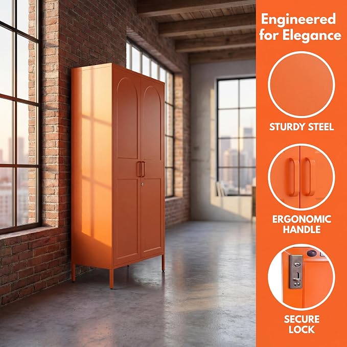 Metal Wardrobe with Lock 67"Clothing Steel Storage Cabinet Locker Hanging Rod And Adjustable Shelves 2 Doors Household kids wardrobe closet Lockers For Bedroom Home Orange Size:67"H X 31.5"W X 18.1"D