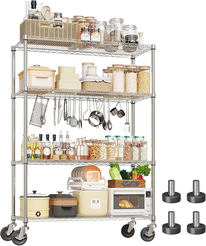 Garvee NSF Metal Shelving with Wheels, 4-Tier/1800LBS, 71"H Storage Shelves | Adjustable Wire Shelving Rack, Chrome Plating, Heavy Duty, Rolling Racks for Kitchen Commercial, 47.2"Wx17.7"D, Easy to Clean