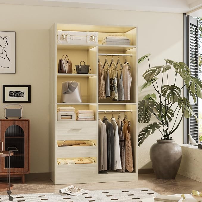 36 Inches Modular Closet Drawers System, 3FT Wood Closet Organiser with Closed & Half-Open Drawers, Walk-in Freestanding Wardrobe Storage Cabinet with 6 Shelves, White Oak (36"L x 15" W x 80" H)