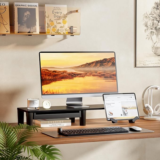 PEGZONE Ergonomic Monitor Stand Riser with Storage Drawer | Computer Riser For PC, Laptop,31.5" desk monitor stand,Desktop Shelf Organizer,For Home Office