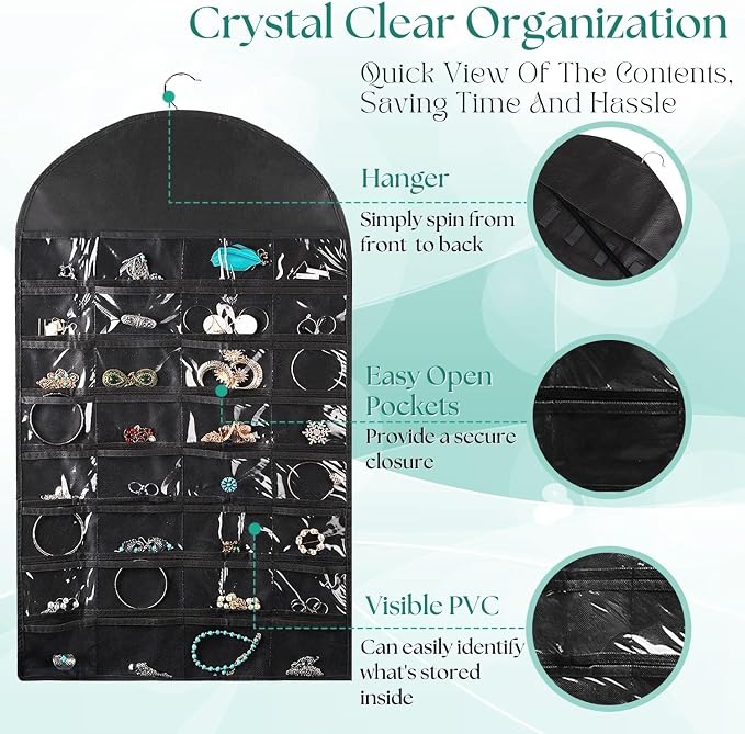 Flexzion Hanging Jewelry Organizer – (1 Pack) Black 32 Clear Pockets & 18 Hooks & Loops, Non-Woven Bag Dual Side Earring Storage Display Holder with for Necklace Bracelet Sunglasses | Double-sided jewelry storage bag with clear pockets and hook-and-loo...