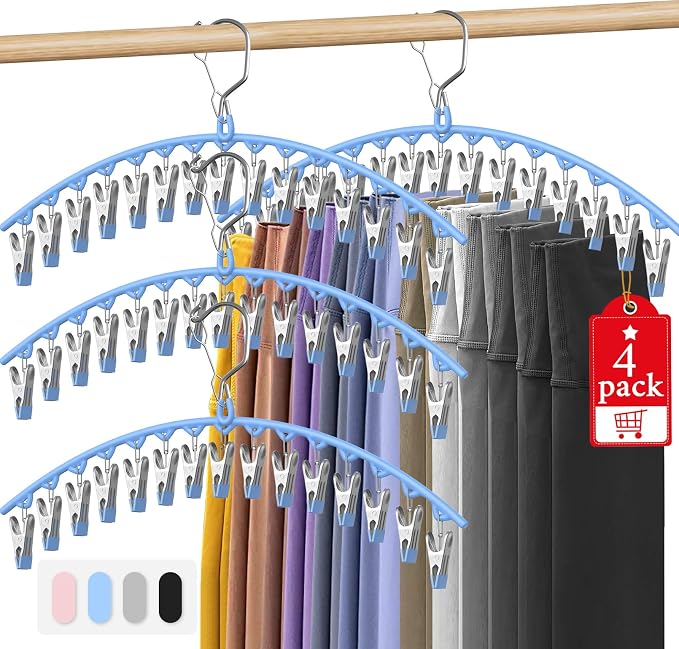 Upgrade Skirt Pants Hangers with Clips, Metal Legging Organizer for Closet with 15 Cilps Holds 60 Leggings/Shorts/Jeans/Skirts Pants Hangers Space Saving Closet Organizers and Storage, Blue 4Pack