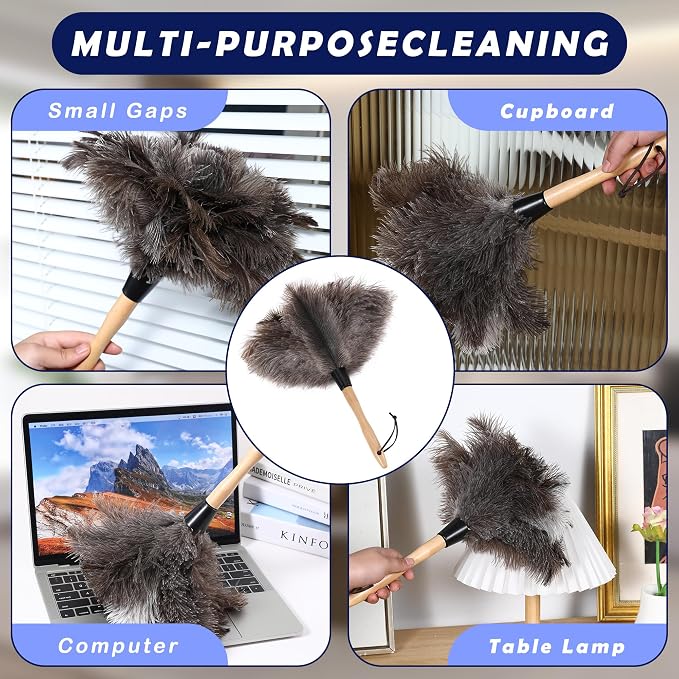 Soarer Ostrich Feather Duster for Cleaning,2pcs Brush,14inch Wooden Handle | Feather Duster for Cleaning Ceiling Fan,Pendant lamp,Blinds,Furniture