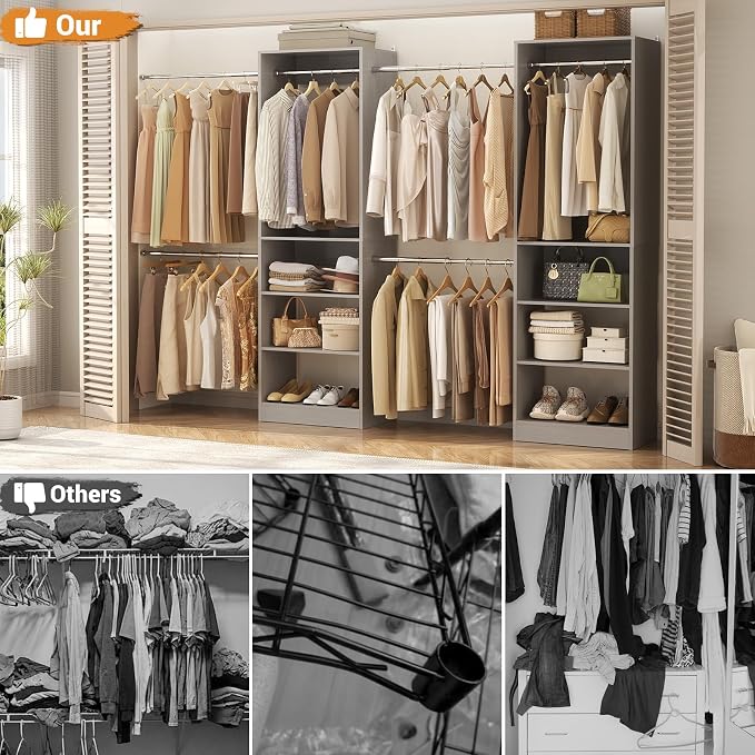 Homieasy Closet System, 4.5-11.5 Ft Expandable Closet Organizer with 5 Hanging Rods, Walk-in Wood Closet Organizer System with Storage Tower, Heavy Duty Garment Rack Wardrobe for Bedroom, Gray