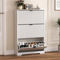 HUANLEGO Shoe Cabinet Storage for Entryway with 3 Flip Drawers, White Fluted Shoe Cabinet with Adjustable Shelves, Wooden Hidden Shoe Rack Freestanding Narrow Slim Shoes Storage for Hallway, Entrance