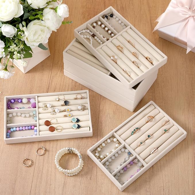 Highergo 8 Pcs Velvet Jewelry Trays Stackable Drawers Organizer Ring Earring Bracelet Necklace Storage Trays, 8.3x4.7x1''(3 Grids,7 Slots)