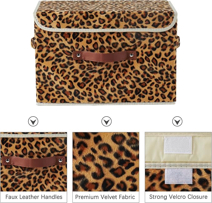 Storage Bin with Lid Decorative Cute Leopard Print Box Basket | Velvet Fabric, Faux Leather Handles, Washable PP Board, Foldable Lidded Clothes Container, Shelf Closet Organizer, Large Size