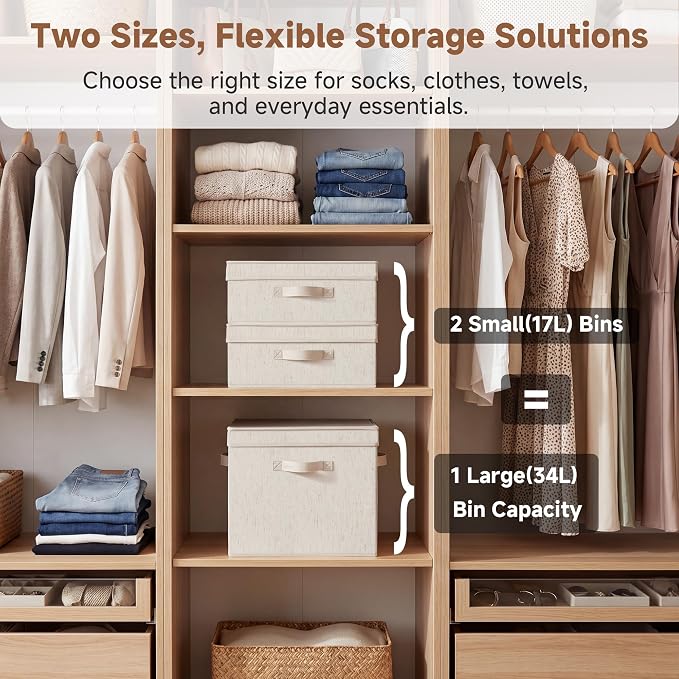 StorageWorks Storage Bins with Lid, Decorative Fabric Storage Bins with Handles, Stackable Closet Organizers for Shelves and Bedroom, Large, Beige(Natural Fabric), 2-Pack