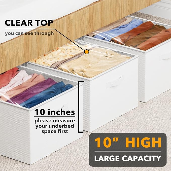 SpaceAid 3 Pack 10" High Under Bed Storage Containers, Large Underbed Storage Organizer Bins with Lids for Bedroom, Dorm, Clothes, Closet Organization, Bed Sheets and Blankets (White)