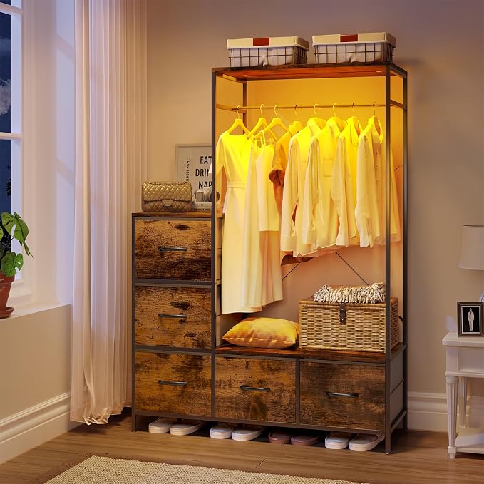 Clothing Rack with Fabric Drawers & LED Lights, 39.4W*57H Dresser with Hanging Rack, Free Standing Wardrobe Closet with Shelves, Closet Organizer with Drawers for Bedroom, Small Space, Apartment