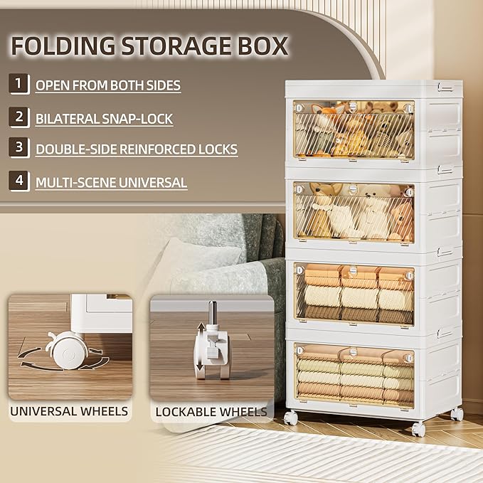 176 QT / 44 Gal Multi-Purpose Foldable Storage Cabinet - Transparent Dual Doors with 3-Stage Locking System, Heavy Duty Wheels, Simple Pull-to-Open Mechanism for Home/Office/Garage Organization