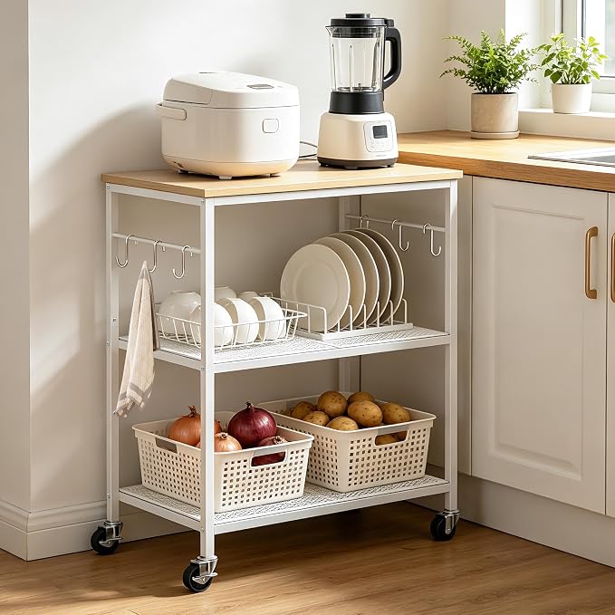 Homleke 3-Tier Rolling Kitchen Microwave Cart, Utility Cart | with Lockable Wheels Coffee Bar Table Station with 6 Hooks, Small Appliance Storage Shelf, White and Natural