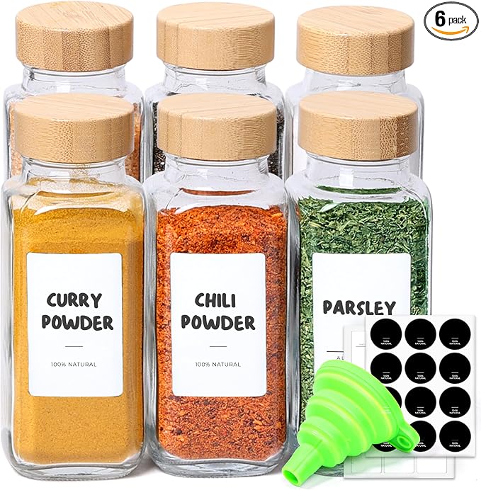 ComSaf Glass Spice Jars with with Labels 8 oz 6 Pack Bamboo Lids | Empty Containers, Seasoning Herb Powder, Salt Pepper Chili, Spice Rack Organization, Kitchen Cabinet Storage, Funnel Included