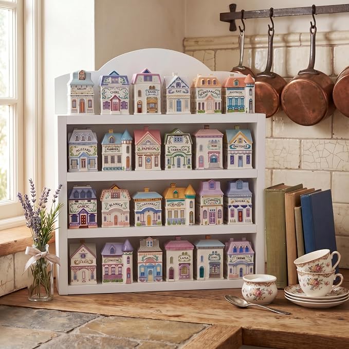 Chunful Vintage Spice Jar Wooden Rack White Scalloped Top Spice Shelf for 24 Jars, Village Style Wall Mounting Kitchen Storage Decorative Hanging Display Rack, Shelf Only(17 x 14.5 Inches)