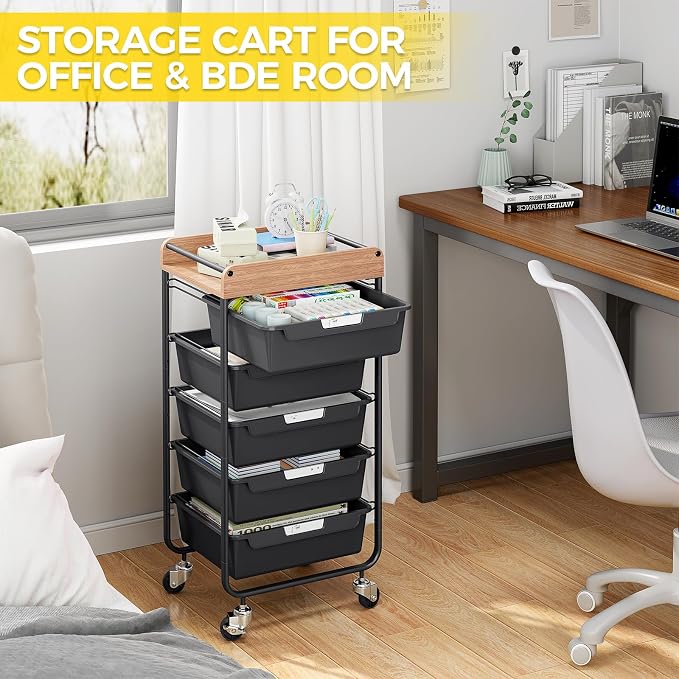 SYKIARIOL Utility Cart with 5 Labeling Drawers and Wooden Tabletop – Rolling Storage Cart for Crafters, Artists, Kids, Teachers, and Students – Organize Arts, Crafts, Sewing & Study Supplies
