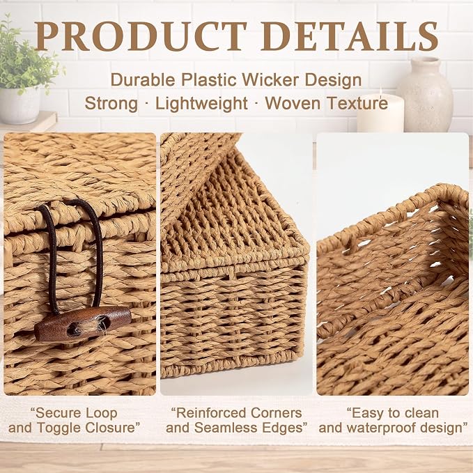 Newtay Set of 4 Woven Wicker Storage Baskets with Lids, Decorative Storage Boxes Lidded Rattan Organizer Bin Home Decor for Shelf, Coffee Table, Closet, Bathroom, Living Room(Paper Rope,Natural Color)