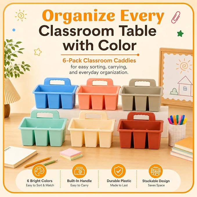 Plastic Classroom Caddy with Handle, 6 Pack 4-Compartment Teacher Supply Organizer, Stackable Desk Caddies for Pencils, Markers, Crayons, Art Craft Supplies, School Office Home, Modern Pastel Colors