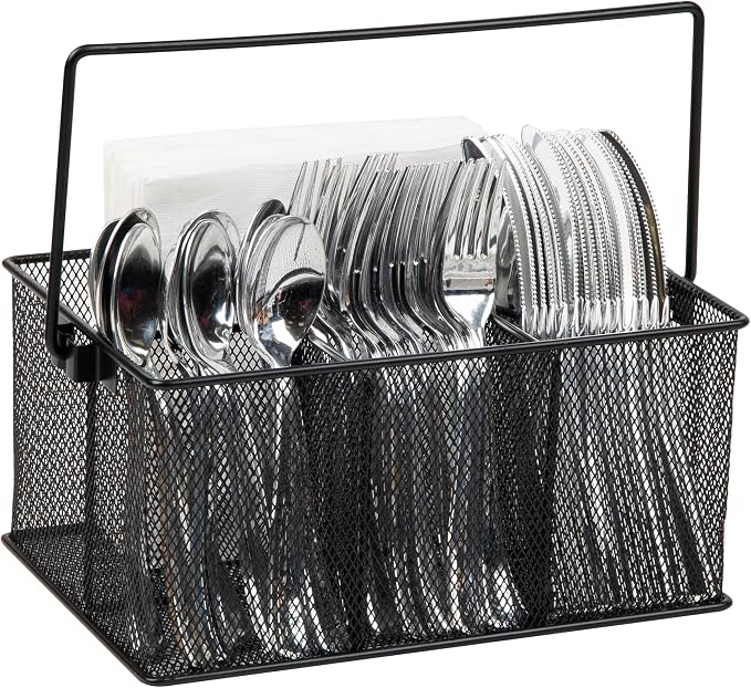 Mind Reader Multi-purpose Storage Caddy with Handle, Desktop Organizer, Cutlery Holder, 4 Compartments, Metal Mesh, Black