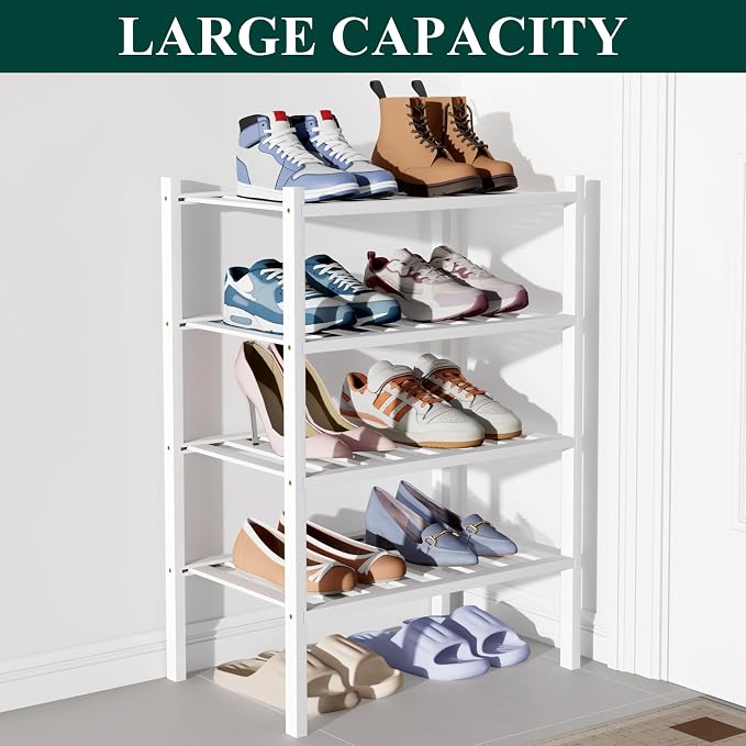 Smiry Bamboo Shoe Rack for Closet, 4 Tier Small Wooden Shoe Organizer, Stackable Wood Shoe Storage Shelf for Entryway, 14 Vertical Slats, 2+2 Stack Heavy-Duty Legs, 17.32"x11.02"x25.98", White