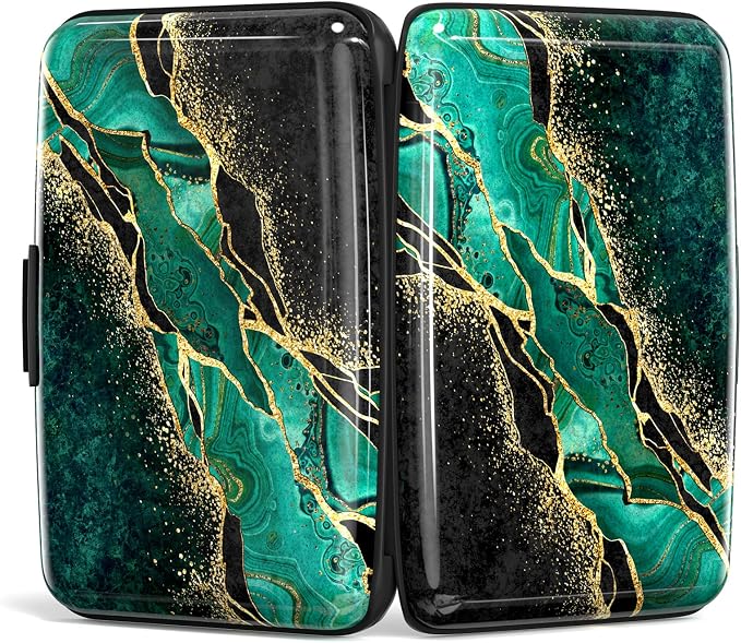 Credit Card Holder, Mini Aluminum Card Wallet RFID Blocking Slim Metal Hard Card Case for Women Men, Green Black Marble