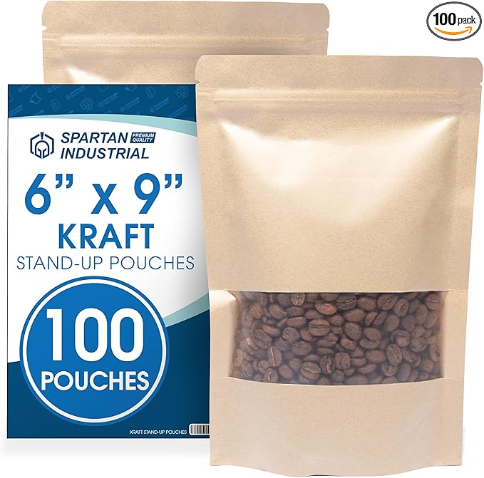 Spartan Industrial - 6" X 9" Kraft Zip Top Food Storage Bags - Pack of 100 Smell-Proof Resealable Pouches for Packaging Coffee, Tea, Spices, Snacks, and More