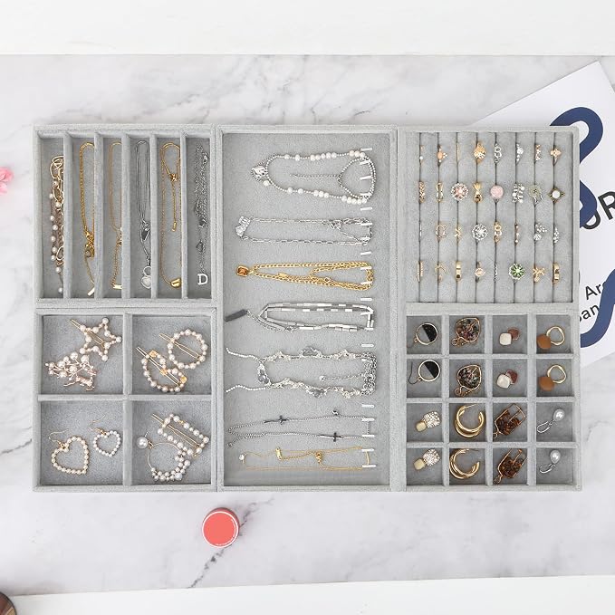 Fixwal Jewelry Organizers and Storage, 14in Stackable Jewelry Drawer Organizer, Set of 5 Jewelry Trays with Removable Dividers, Multi-Layer Tray for Earrings Necklaces Bracelets Watches, Grey