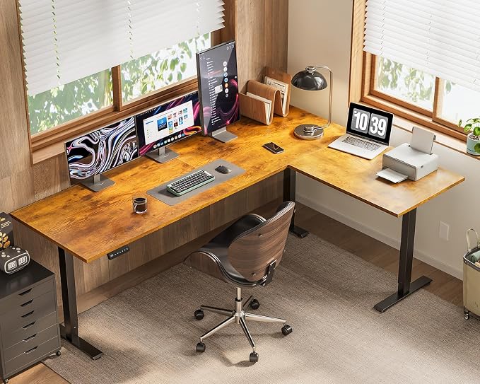 OffiGo 71 Inch Reversible L Shaped Electric Standing Desk, Rustic Brown | Large Corner Height Adjustable Stand Up Desk, 3 Memory Presets, Sit Stand Table, Reinforced Frame for Home Office Workstation