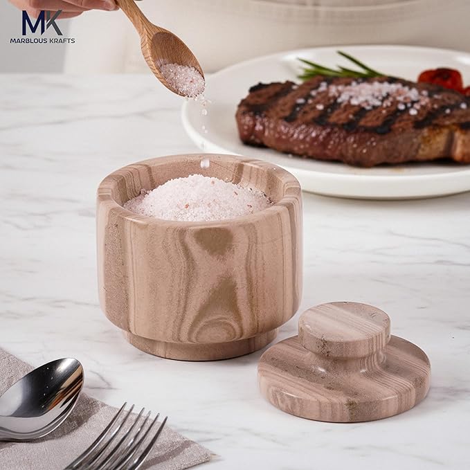 MARBLOUS KRAFTS Marble Salt Cellar 3 Inch Brown Salt Holder With Lid for Spice Jar & Stone Salt Container, Modern Sugar Bowl, Countertop Storage
