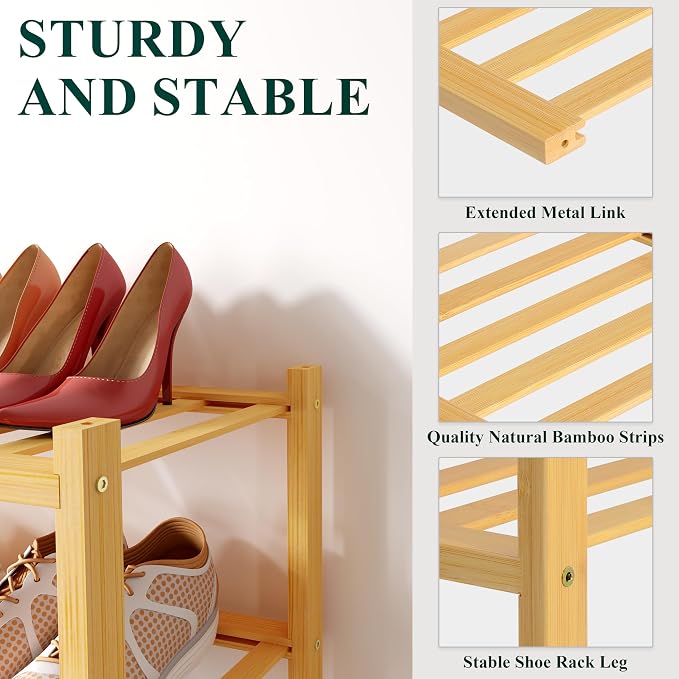 Smiry Bamboo Shoe Rack for Closet, 4 Tier Small Wooden Shoe Organizer, Stackable Wood Shoe Storage Shelf for Entryway, 14 Vertical Slats, 2+2 Stack Heavy-Duty Legs, 17.32"x11.02"x25.98", Natural
