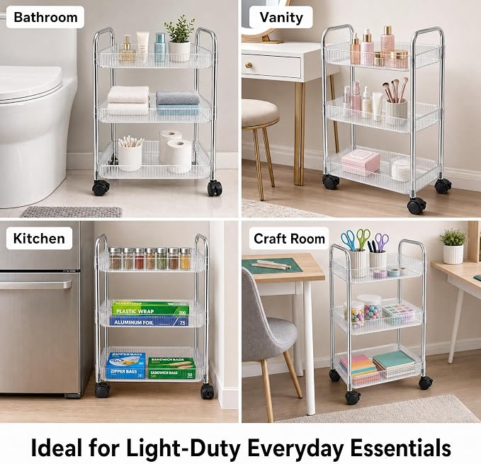 3 Tier Rolling Cart with Lockable Wheels, Clear Acrylic Slim Utility Cart, 13" x 8.3" x 26" Narrow Storage Organizer for Bathroom, Kitchen, Office - Lightweight & Tool-Free Assembly (Clear)